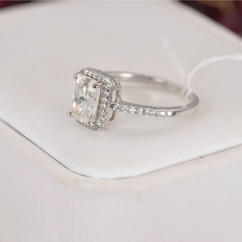 Certified 2.0 ct Halo Radiant Cut Moissanite Engagement Ring 925 Sterling